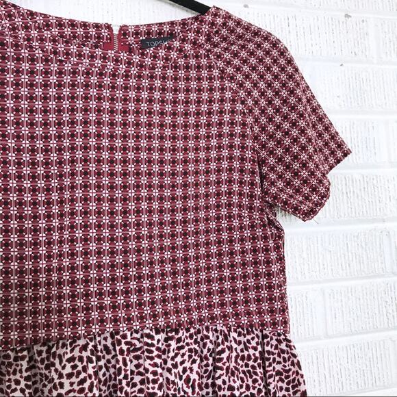 TopShop Size US 4 Red Mixed Print Flounce Dress Back Zipper Short Sleeve Mini - Picture 3 of 7